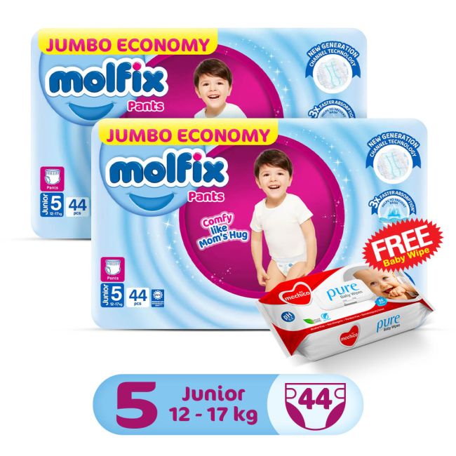 Molfix Pack of 2 Pants Jumbo Pack Size 5 Junior 44Pcs + 1 FREE MECHICO WIPES 60Pcs (57107)